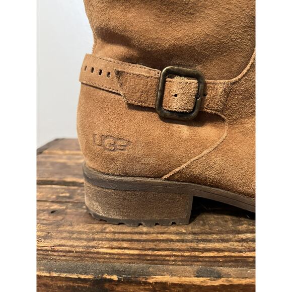 UGG Keppler Chestnut Brown Suede Moto Boots Sheep Wool Lined Heeled Sz 10 Boho - Picture 3 of 14